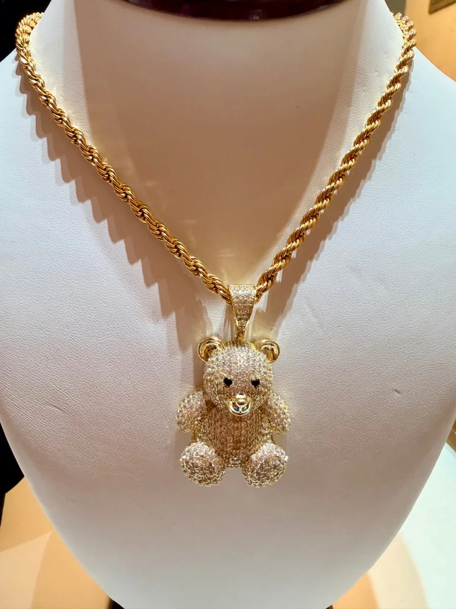 Collar de oro con dije de osito de peluche brillante estilo hip hop, joyería llamativa
